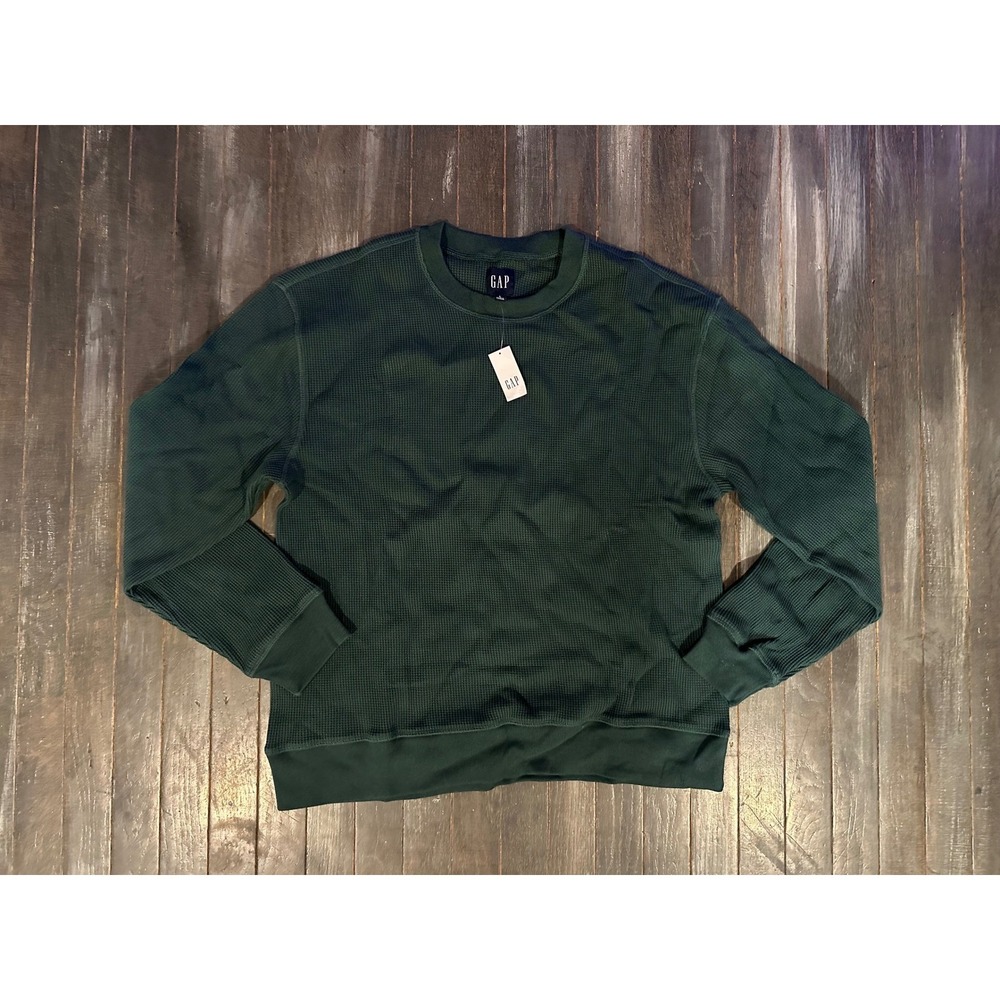Gap‎ Mens Waffle Knit Crewneck Sweatshirt Hunter Green Thermal Pullover New L